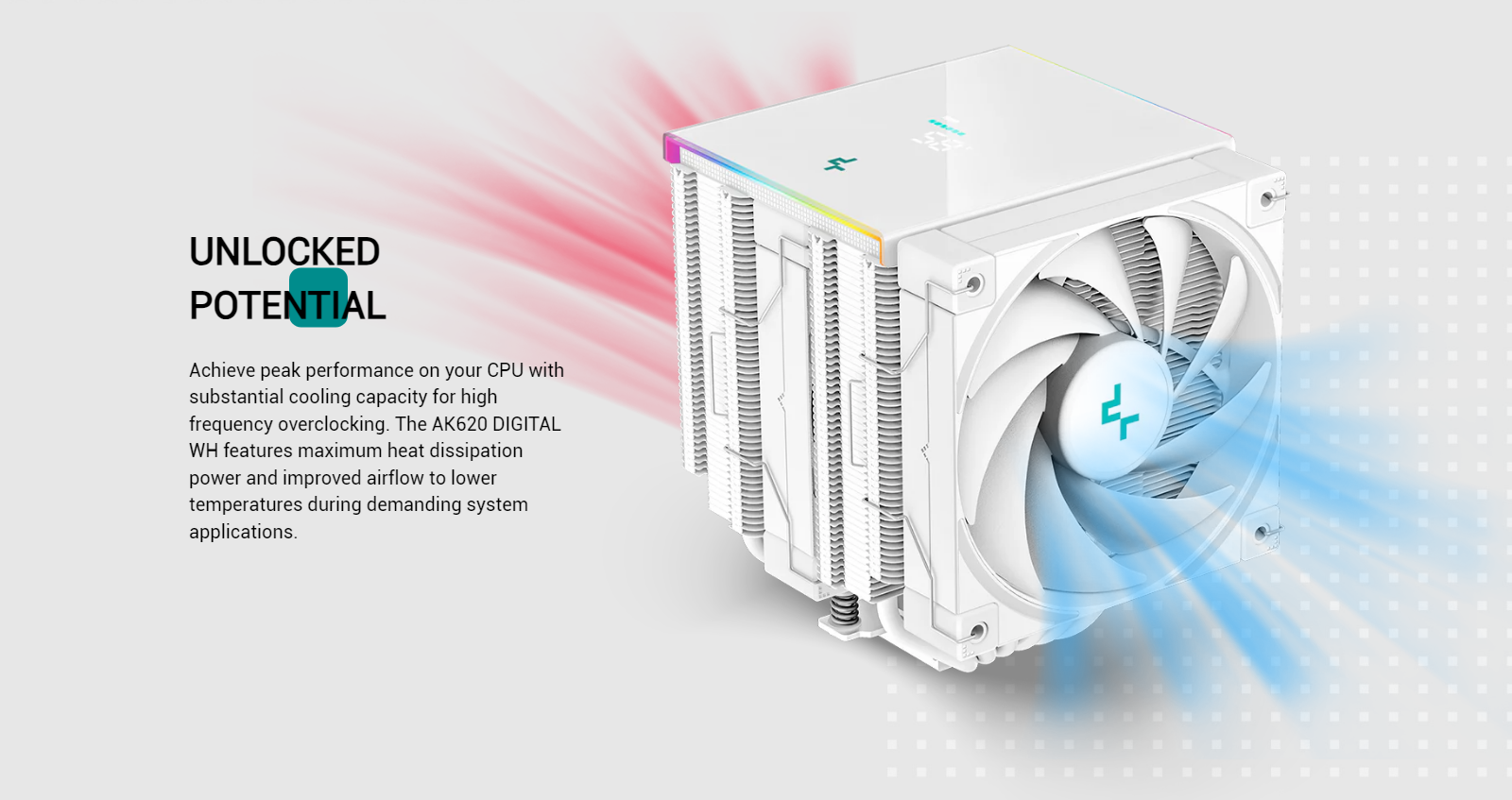 A large marketing image providing additional information about the product DeepCool AK620 Digital CPU Cooler - White - Additional alt info not provided